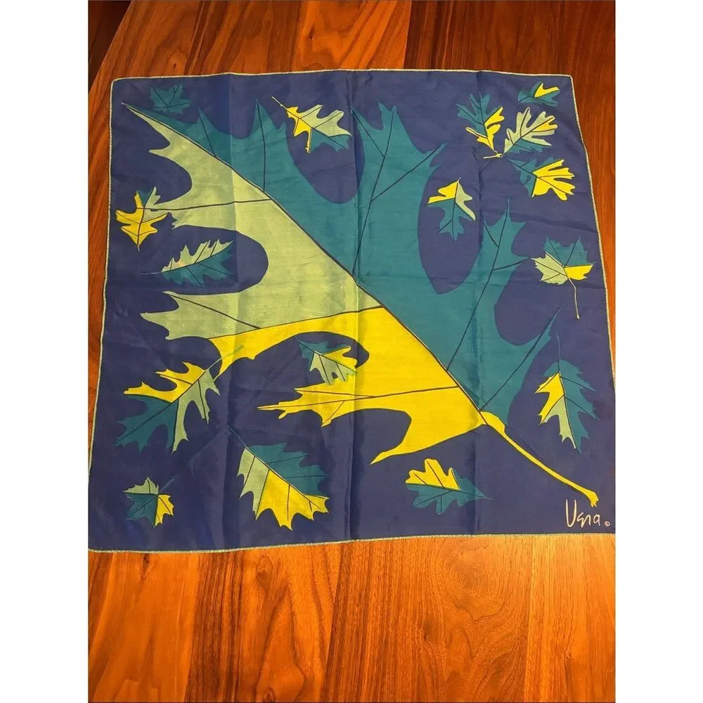 Vintage Vera Leaf Print Silk Scarf in Blue, Teal & Yellow
